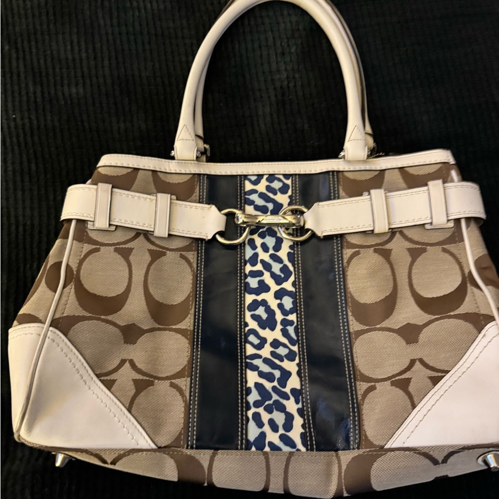 Coach Beige and Navy Patterned Satchel